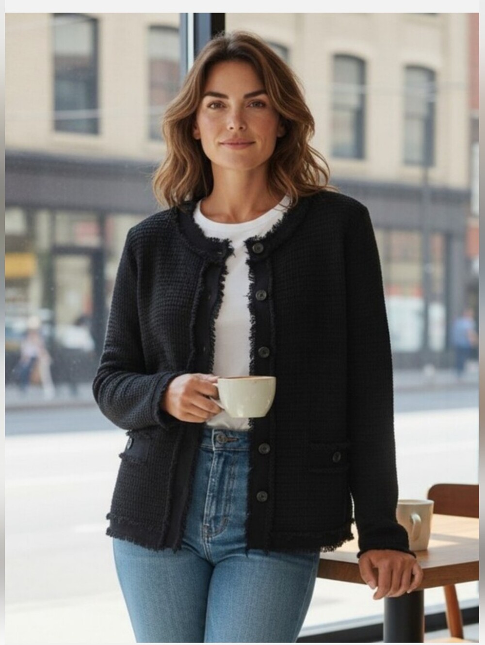 Adrianna Papell Frayed Waffle Knit Jacket - Medium